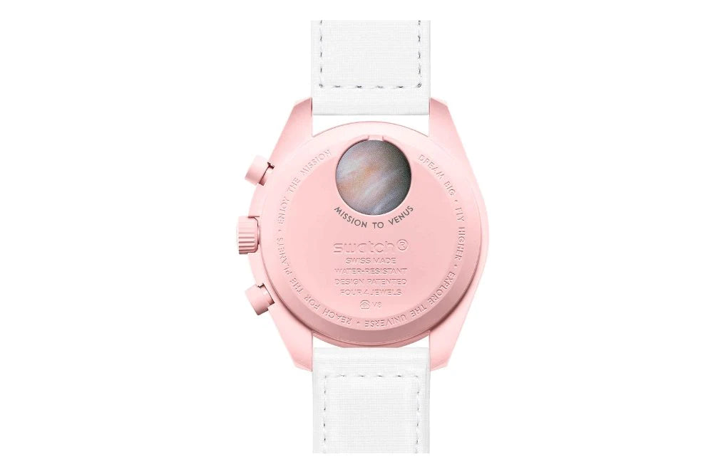 Swatch X Omega Bioceramic Moonswatch Mission To Venus Pink and White